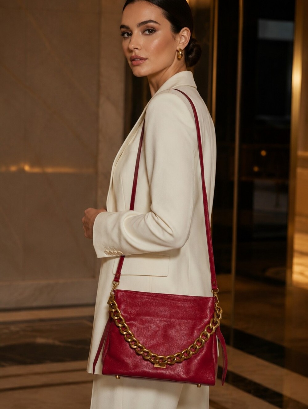 Viola Castellani Red Leather Made In Italy Shoulder Bag with Gold Chain